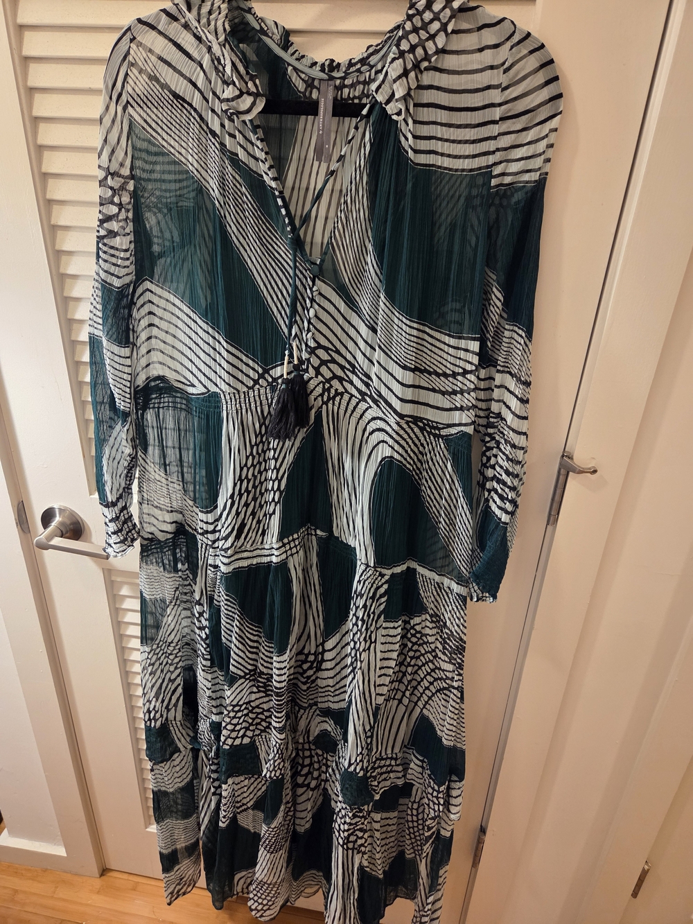 Green and White Patterned Maxi Dress with Tassel Tie By Anthropologie